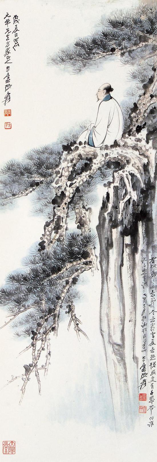 451 张大千 高士图

　　镜片

　　款识：1。 丙戌夏日写似元年先生方家正之大千居士张爰。

　　2。 老松磊磊多奇节，冬无霜雪夏无热，根头更有千岁苓，向谁说与长生诀。乙酉十一月拈谢枋得句写此大千居士张爰。

　　钤印：1。 张爰（白）大千（朱）

　　2。 张爰之印（白）大千（朱）大风堂（朱）

　　33×95cm

　　起拍价格：RMB160，000