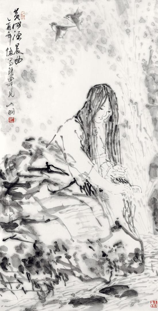 142 吴山明 人物

　　镜片

　　款识：黄河源晨曲，乙酉年憶写玛曲所见山明。

　　钤印：吴山明（白）

　　136×67cm

　　起拍价格：RMB 60，000