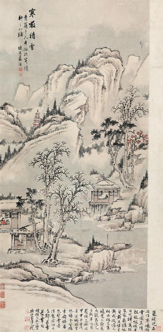 531 蓝 瑛 山水

　　立轴

　　款识：寒岩积雪。青藤老人本，抚于芹韵轩之小窗。蝶叟蓝瑛。

　　钤印：蓝瑛（白）田叔（朱）顺光阁藏，吴门顾氏珍藏 全石书画之印 归安吴氏两磊轩家藏书画之印

　　130×62cm

　　起拍价格：RMB180，000