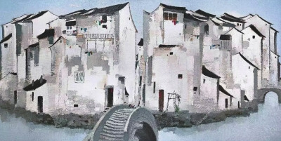 吴冠中《周庄》1997年油彩画布 148×297cm 小小供图