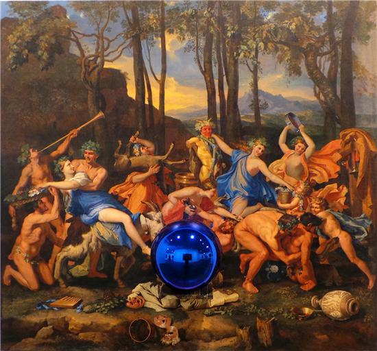 《凝视球之普桑"潘的凯旋"》,杰夫·昆斯,布面油画,玻璃和铝,2014