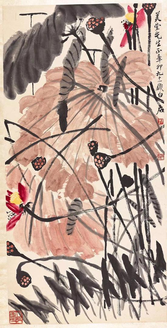 　　 齐白石(1864-1957) 荷花图
 设色纸本立轴1951年作
 备注：司徒美堂上款。
 137.5x68.5 cm. 约8.6平尺
