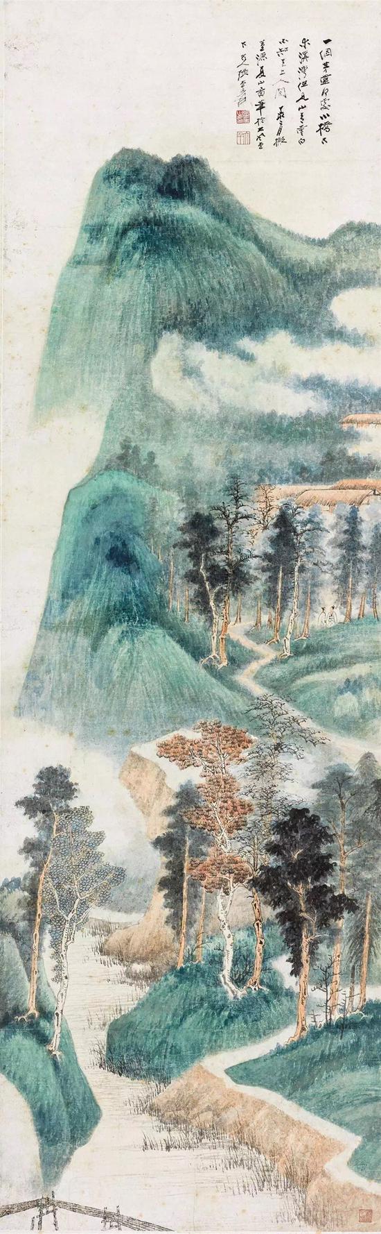 　　张大千(1899-1983) 拟董源夏山图
设色纸本镜心1947年作
展览：“张大千近作展”，上海中国画苑，1947年5月9日-13日。
132×40.5 cm. 约4.8平尺