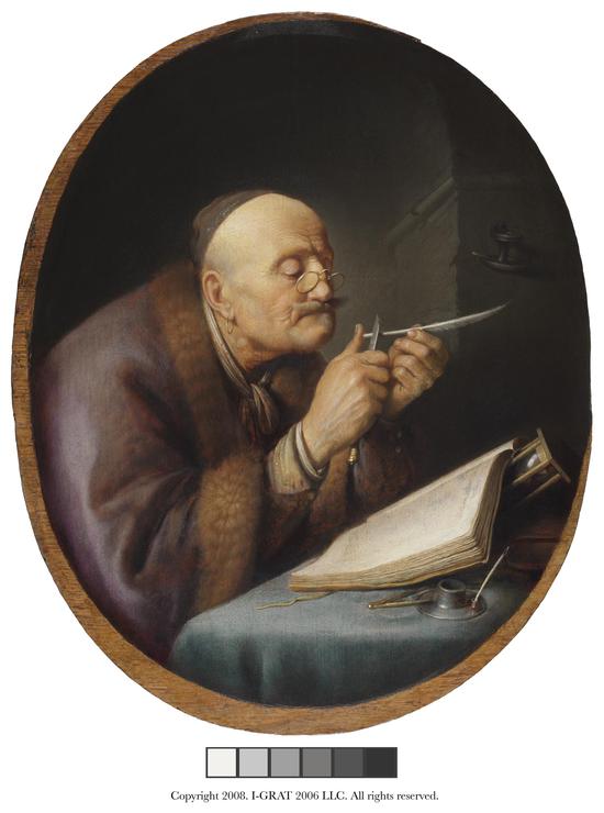 格利特•杜 (1613-1675) 《削羽毛笔的学者》 1630-32年 椭圆形木板油画 26.3×21.2厘米