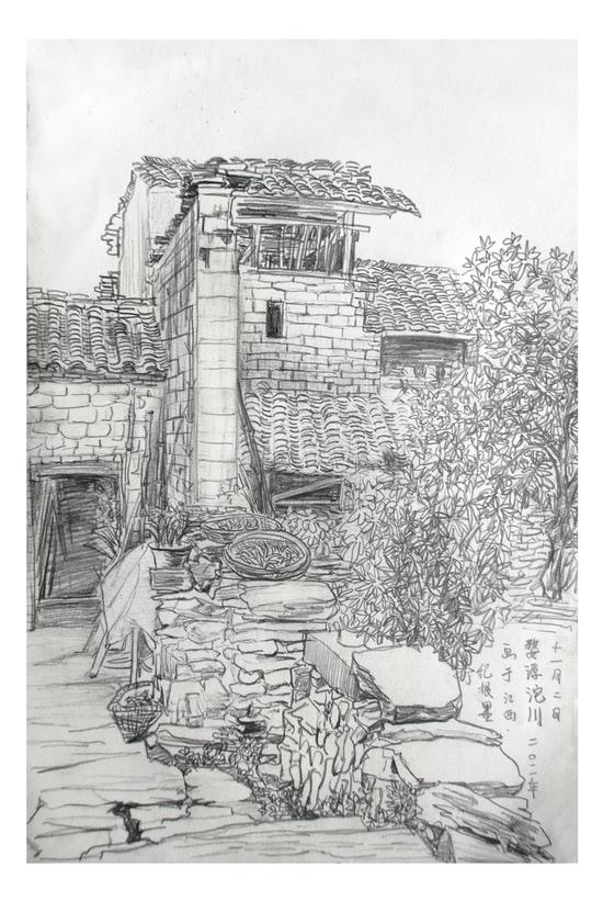 纪根墨 《江西婺源写生1》40x20cm,纸本重彩,2012