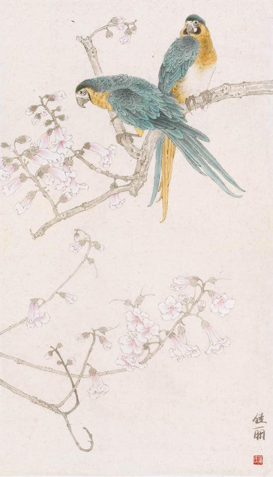 2011年《霞彩》66x35cm而当我们细读崔佳丽的工笔花鸟画创作时更能