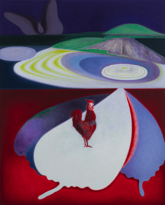 王忠杰《公鸡与远方的蝶》，布面油画，200×160cm，2021-2022