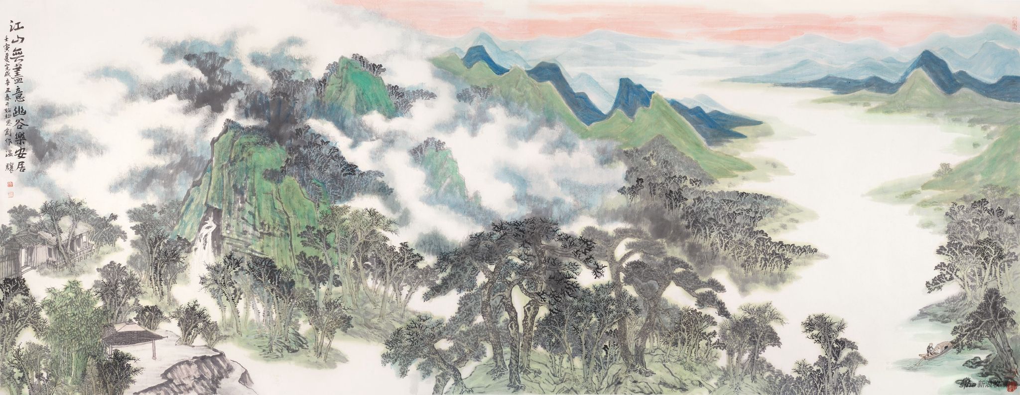江山无尽意,幽谷乐安居193x503cm 纸本设色 2022年