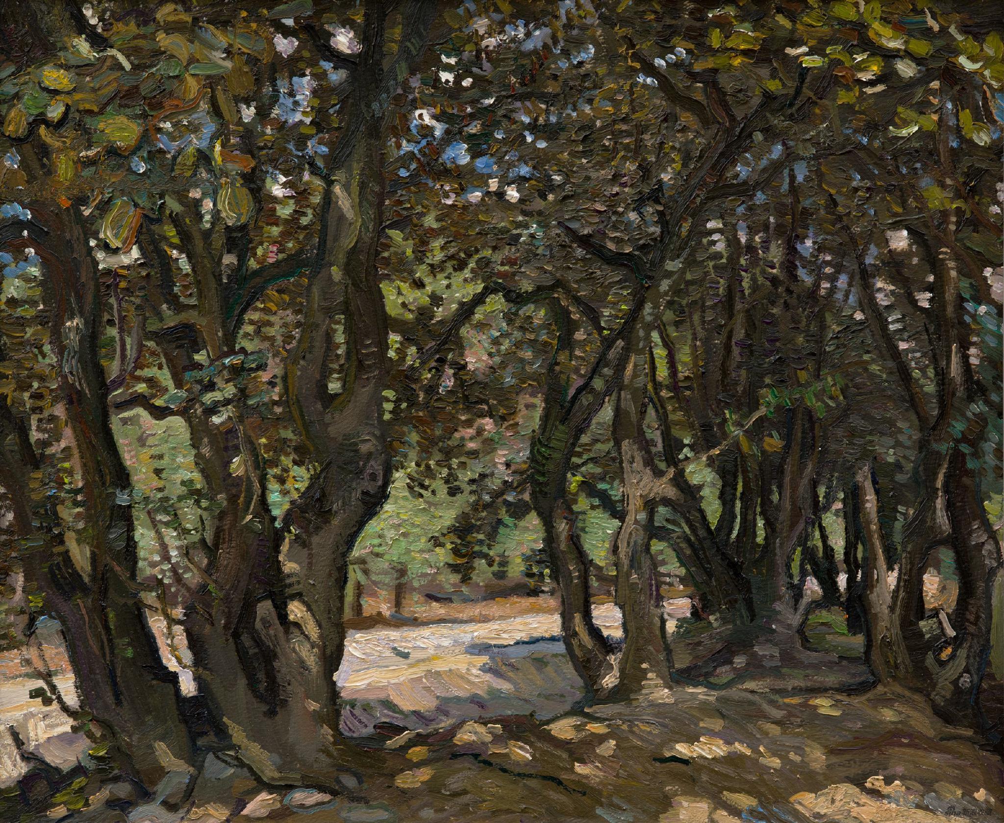 《林芝的树荫》，木板油画，50.5 × 60.5 cm，2015