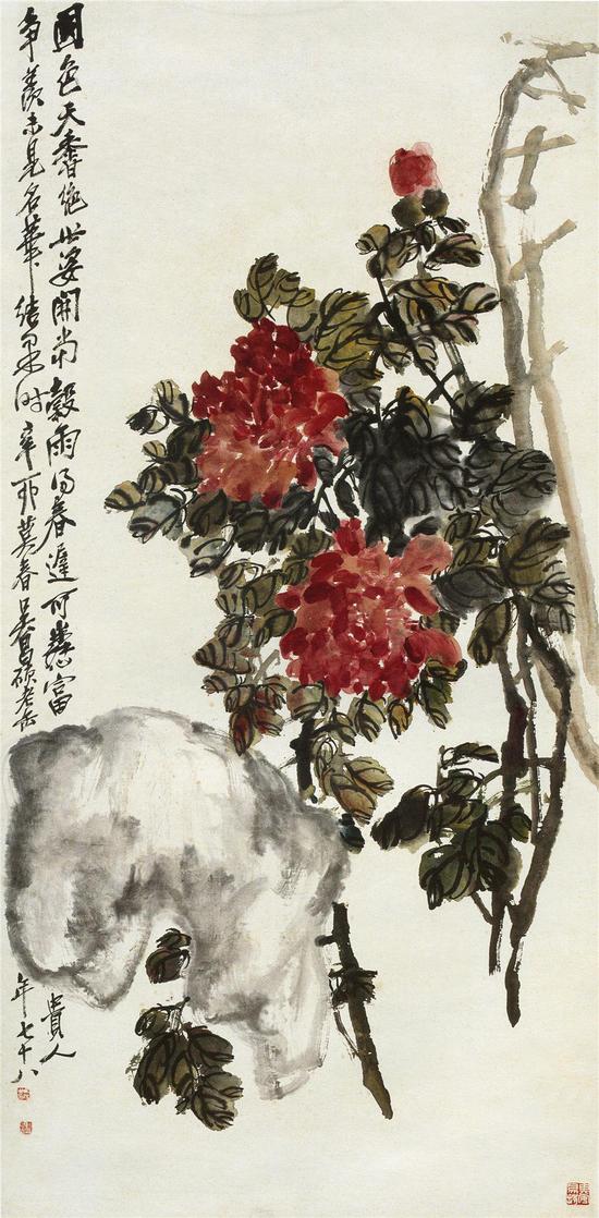 牡丹图轴(春),160x40,1914,吴昌硕