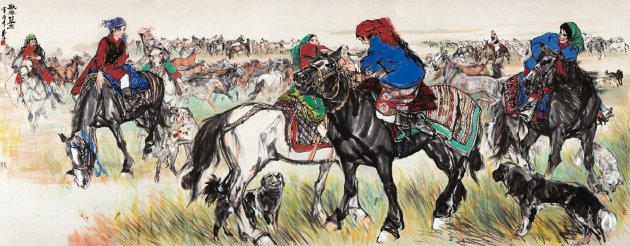 黄胄（1925-1997）《欢腾的草原》 镜心 1981年作 142×360cm