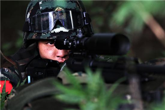 狙击手隐蔽在丛林中伺机狙击目标.