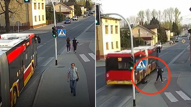 女子路边突然猛推朋友 差点遭公交车碾压