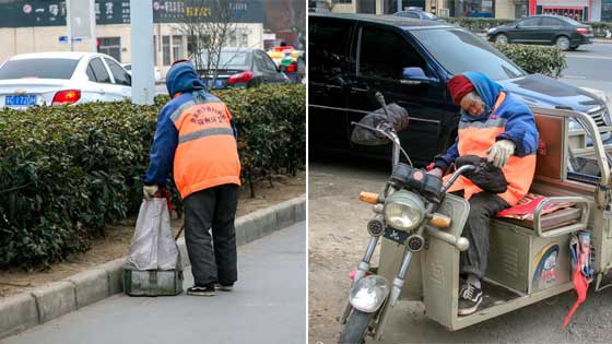 环卫工老奶奶工作后坐睡