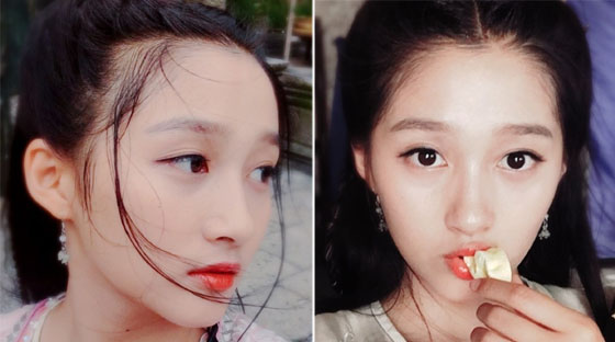 关晓彤面若桃花大口吃瓜