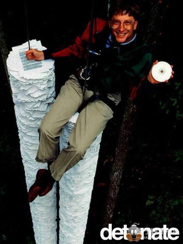 25、比尔盖茨和光盘.1994年，比尔盖茨在介绍新技术的时候展示了光盘存储的效率——一个光盘能存储的东西比他身下所有的文件还要多。