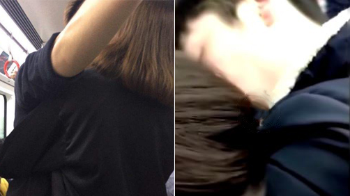 年轻情侣地铁里恩爱秀不停 一路拥吻5个站