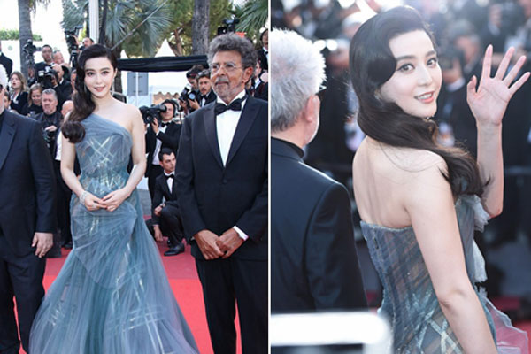 范冰冰镂空长裙现身戛纳闭幕式红毯 有点透