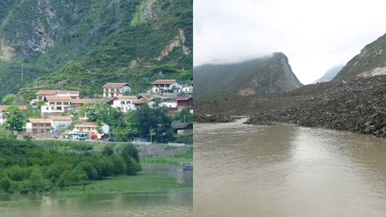 山体垮塌前后对比：曾经山清水秀 如今几乎全毁