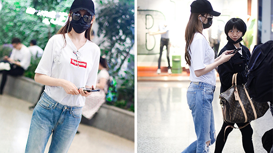 唐嫣白T配破洞牛仔裤潮范十足