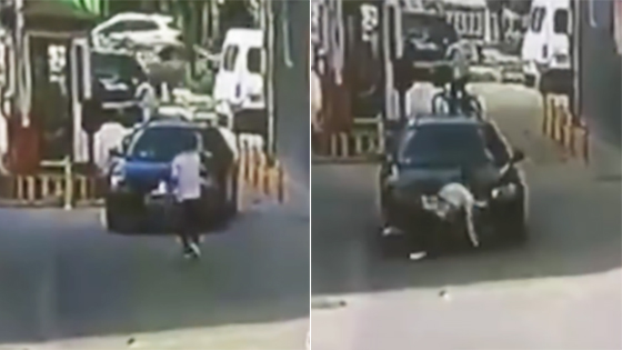 女子轿车堵门 下车后遭后车撞倒碾压