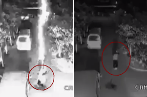 监拍男子被雷击倒平安无事 起身走7步又被击中