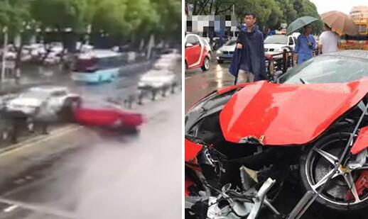 女司机雨天提速被吓傻 法拉利瞬间成废铁