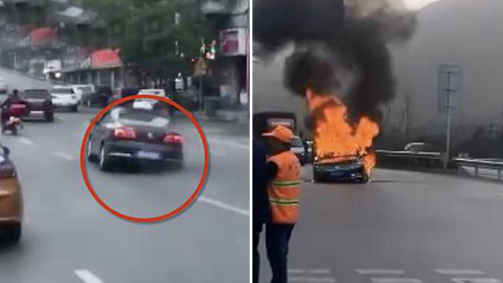 轿车车轮消失上路狂奔终自燃 车内空无一人