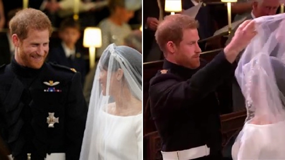 哈里王子掀起梅根头纱 两人深情对望