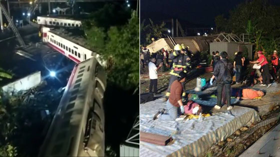 航拍画面曝光！台湾火车脱轨 车厢折成