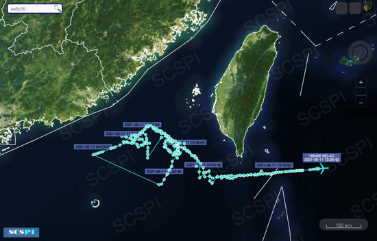 2021年5月11日，关岛无人机对中国抵近侦察飞行路线。　图片来源：南海战略态势感知计划网站