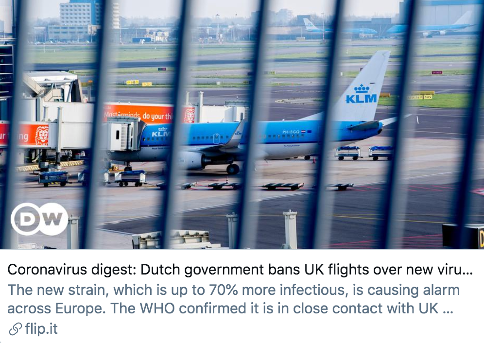 因发现变异新冠病毒，荷兰政府禁止英国航班飞抵。/ 德国之声报道截图
