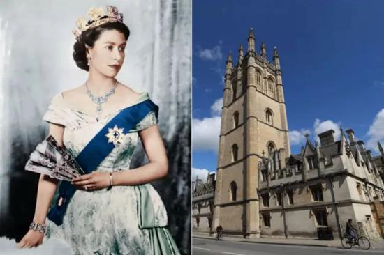  ▲左为牛津大学学生移除的伊丽莎白女王像，右为牛津大学。
