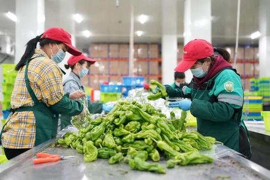 4月1日凌晨，工作人员在位于上海松江区的叮咚买菜蔬果大仓内忙碌。新华社记者丁汀摄