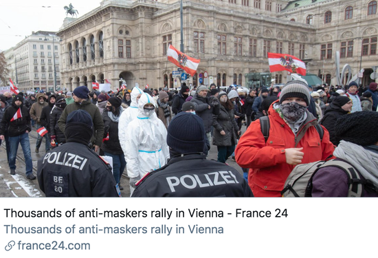 数千名反对佩戴口罩的人在维也纳聚集。/ 法新社报道截图