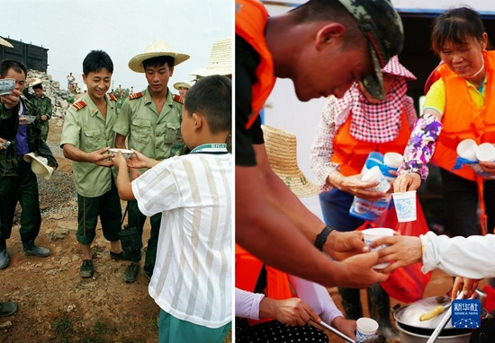 这是一张拼版照片，左图为：在江西永修，学生为护堤抢险的武警官兵送水（新华社记者宋振平摄于1998年7月28日）；右图为：在江西鄱阳江家岭村，村民为前来抗洪抢险的武警官兵盛绿豆汤（新华社记者周密摄于2020年7月11日）。新华社发