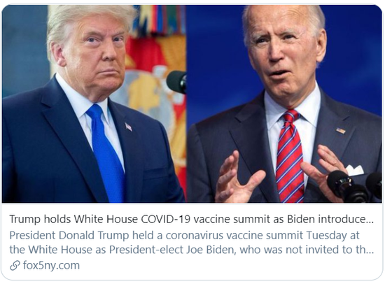 特朗普召开“疫苗峰会”，拜登介绍医疗团队。/福克斯新闻报道截图