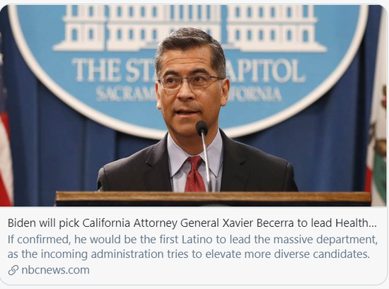 拜登任命加州总检察长泽维尔·贝塞拉出任卫生与公众服务部部长。/NBC报道截图
