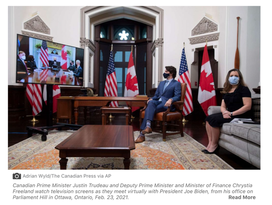  当地时间2月23日，特鲁多在加拿大渥太华与拜登进行视频会议。/ 美国广播公司网站截图