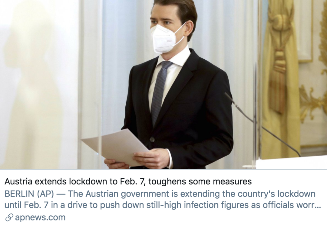 奥地利将延长“封锁”期至2月7日，并收紧了一些防疫措施。/ 美联社报道截图
