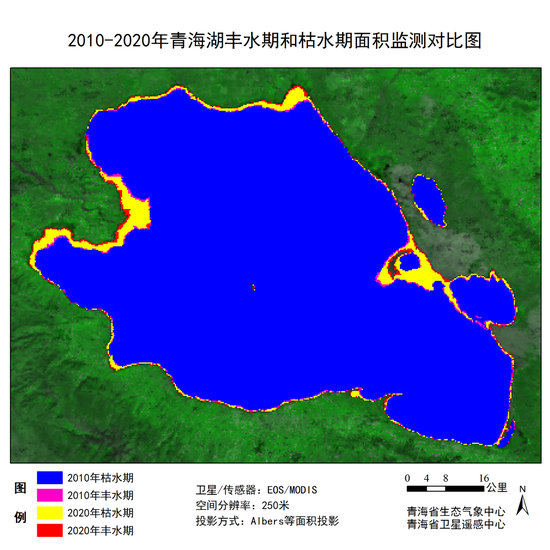图为2010年至2020年青海湖丰水期和枯水期面积监测对比图。来源:青海省生态气象中心 青海省卫星遥感中心