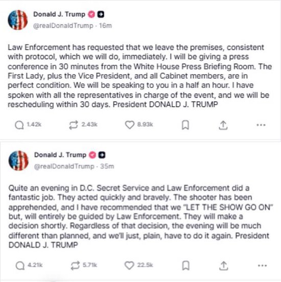 特朗普连发两帖报平安：第一夫人、副总统及所有内阁成员都没受伤