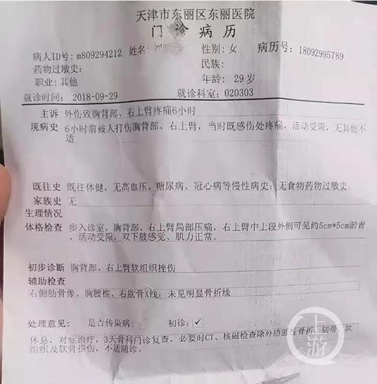 2018年9月28日，天津市东丽区东丽医院门诊病历显示，刘晓胸背部、右上臂软组织挫伤。/受访者供图