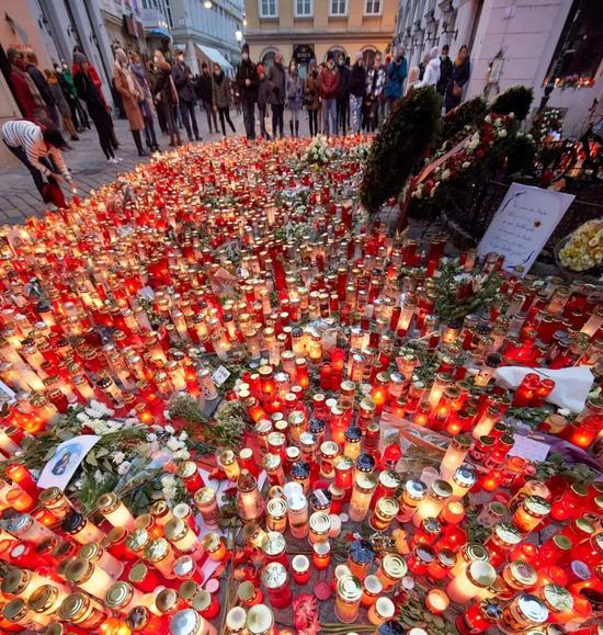 11月8日，在奥地利维也纳，人们点燃蜡烛哀悼维也纳枪击事件遇难者