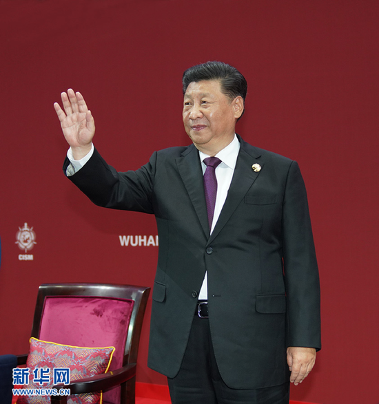 2019年10月18日，中共中央总书记、国家主席、中央军委主席习近平在武汉出席第七届世界军人运动会开幕式并宣布运动会开幕。 新华社记者 李刚 摄