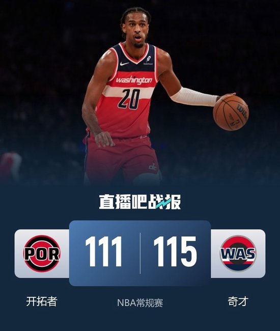 开拓者不敌奇才 杨瀚森6分5板 萨尔29+12+6帽 克林根14+20