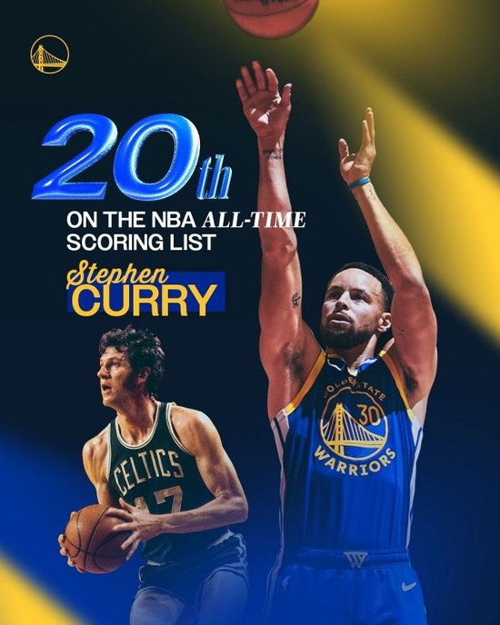 恭喜！库里得分榜连升2名 和皮尔斯并列NBA历史第19！