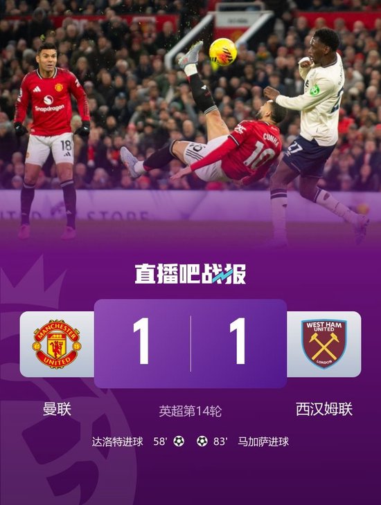 近5轮仅1胜！曼联1-1西汉姆联 达洛特破马加萨扳平库尼亚复出