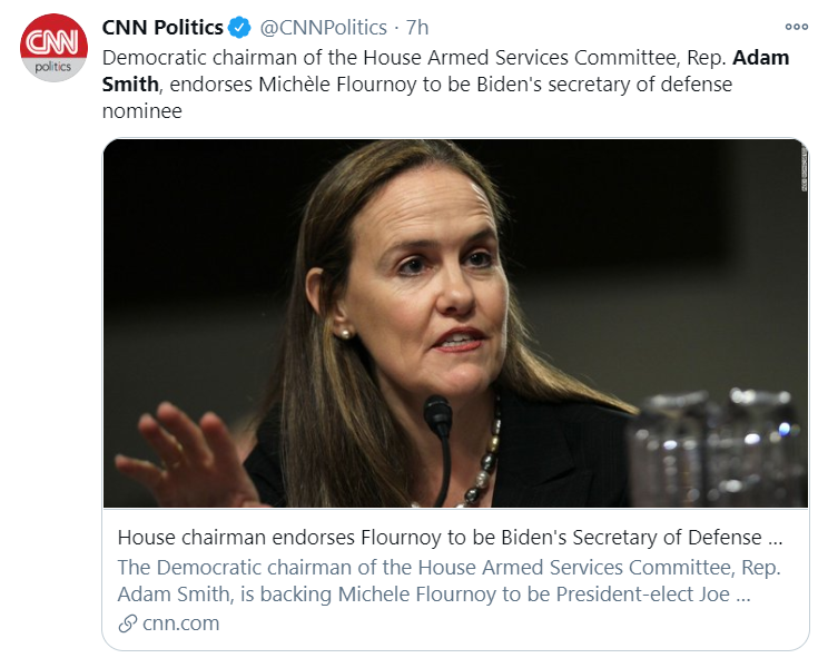 美国国会众议院军事委员会主席亚当·史密斯支持弗卢努瓦出任国防部长。/CNN报道截图