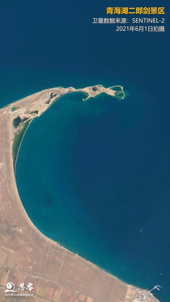 卫星视角下的青海湖二郎剑景区。卫星影像来源:SENTINEL-2